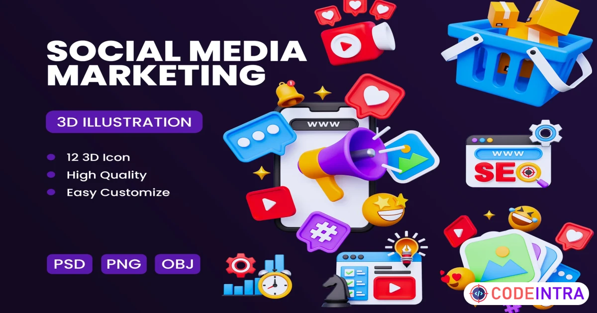 Social Media Marketing 3D Icon in PNG, PSD - Codeintra