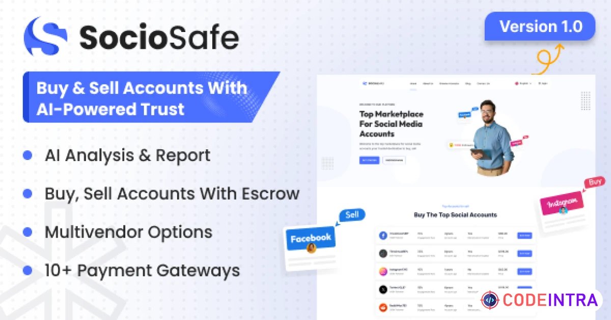 Product featured image SocioSafe - Buy & Sell Accounts With AI-Powered Trust - Codeintra