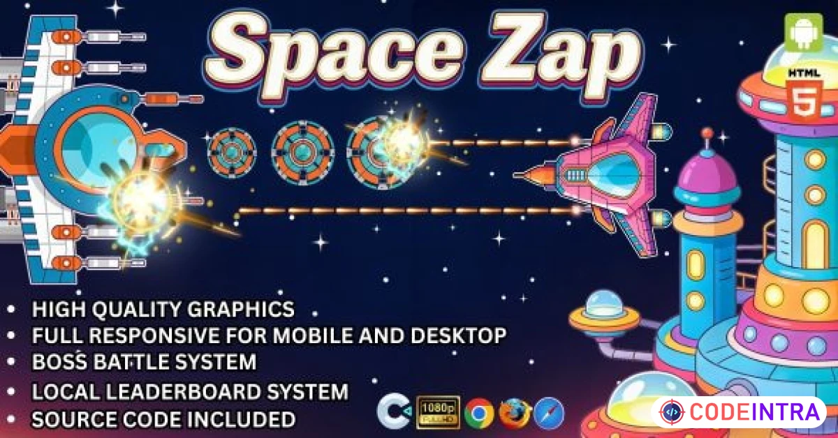 Product featured image Space Zap – Space Shooter Defense Game | Boss Battle | Construct 3 | HTML5 Mobile Game - Codeintra