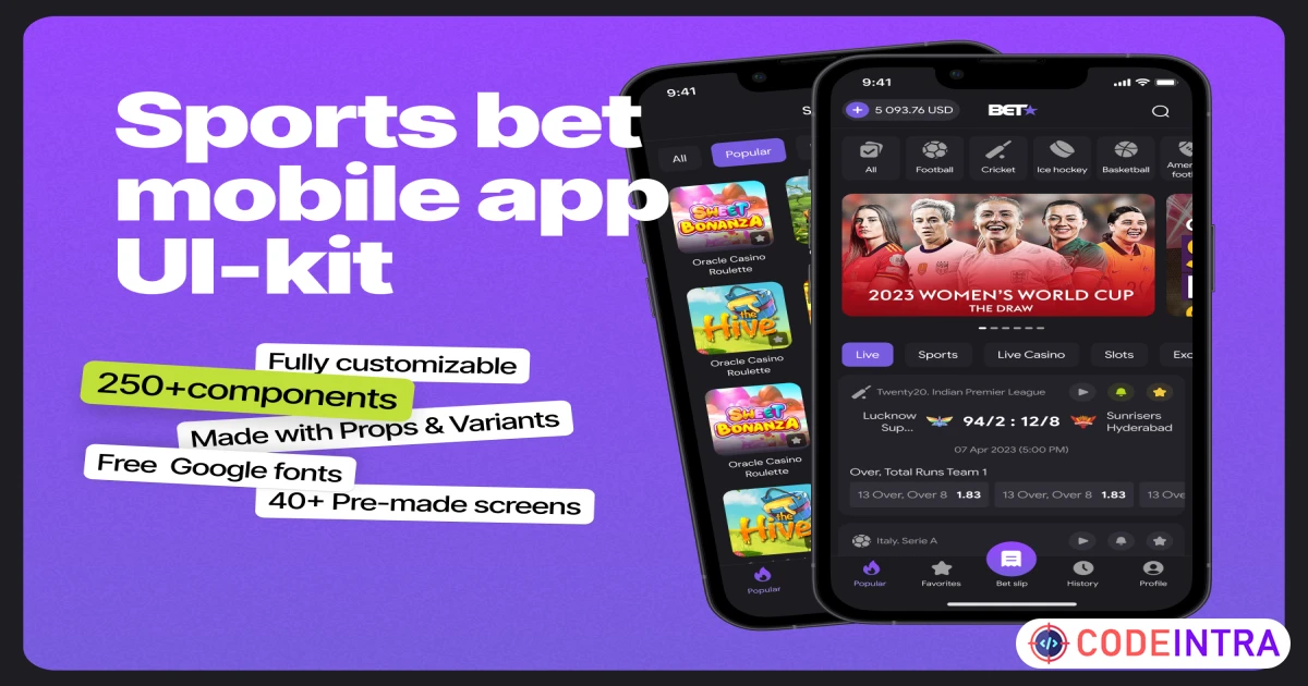 Sports bet mobile app UI Kit in Figma Download free - Codeintra