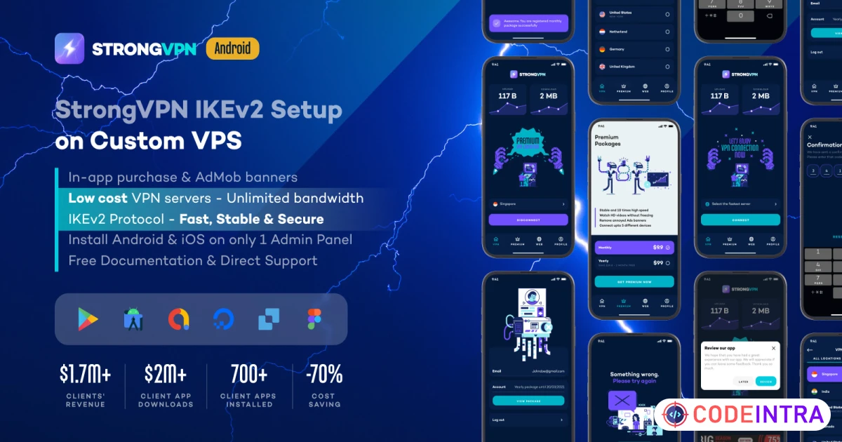 Product featured image Strong VPN IKEv2 app on Custom VPS - Android App - Codeintra