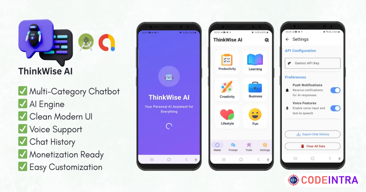 Product featured image ThinkWise AI – Multi-Category Chatbot Android
 - Codeintra