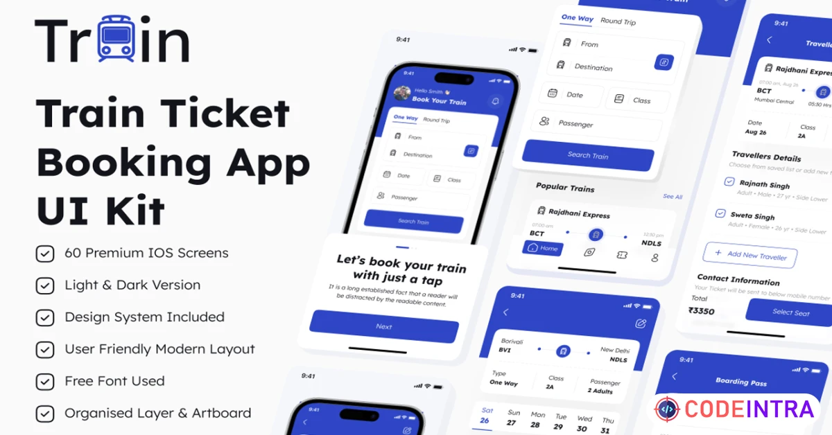 Product featured image Train Ticket Booking App UI Kit - Codeintra