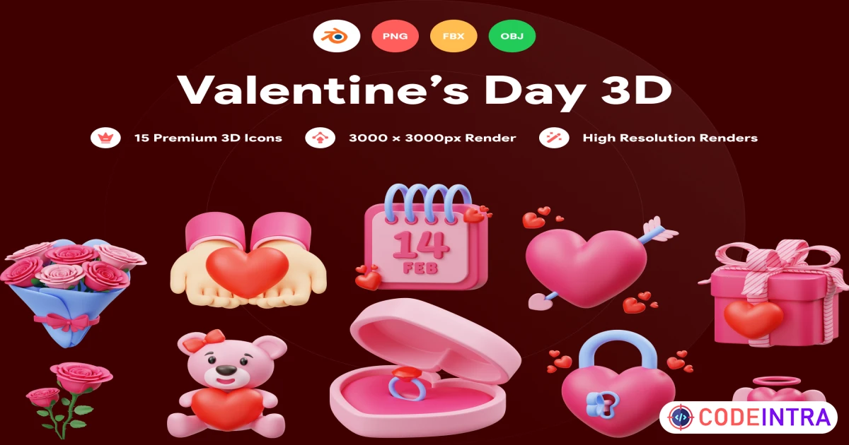 Valentines 3D Illustration Blend File + OBJ + FBX + PNG - Codeintra