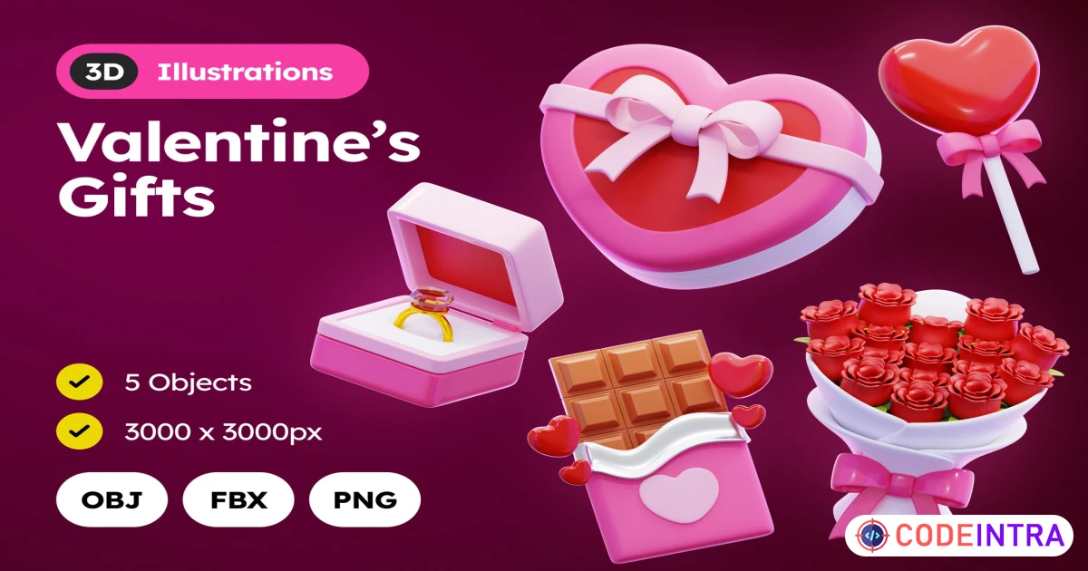 Valentine's Gifts 3D Illustration PNG OBJ FBX Free Download - Codeintra