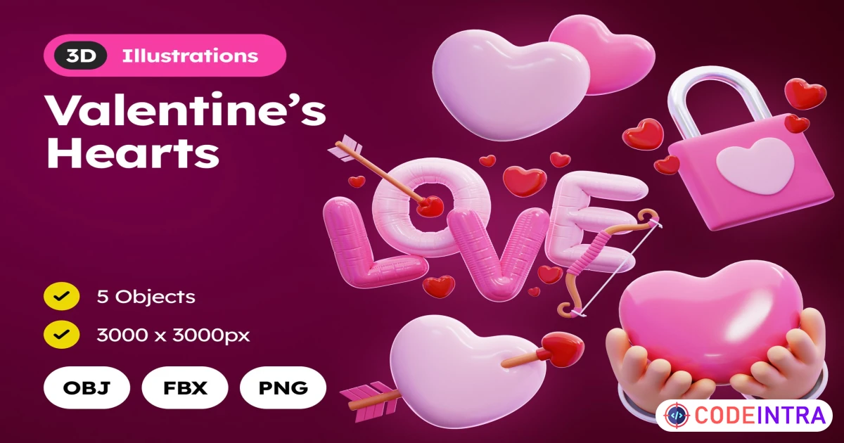 Product featured image Valentine's Hearts 3D Illustration PNG OBJ FBX Free Download - Codeintra
