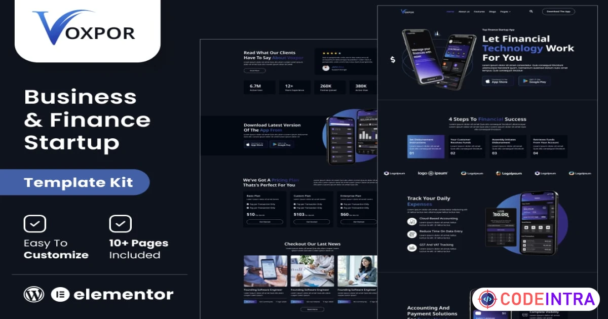 Voxpor - Business & Finance Startup Elementor Template kit - Codeintra