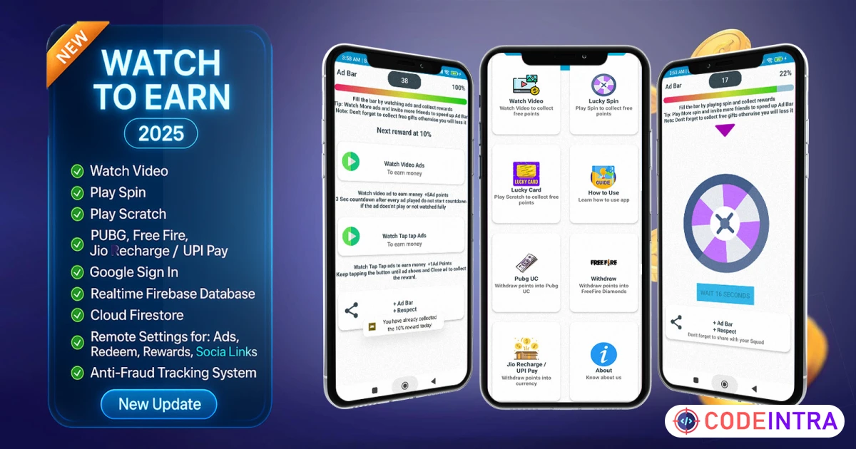 Product featured image Watch to Earn - Android Studio App Code - Codeintra