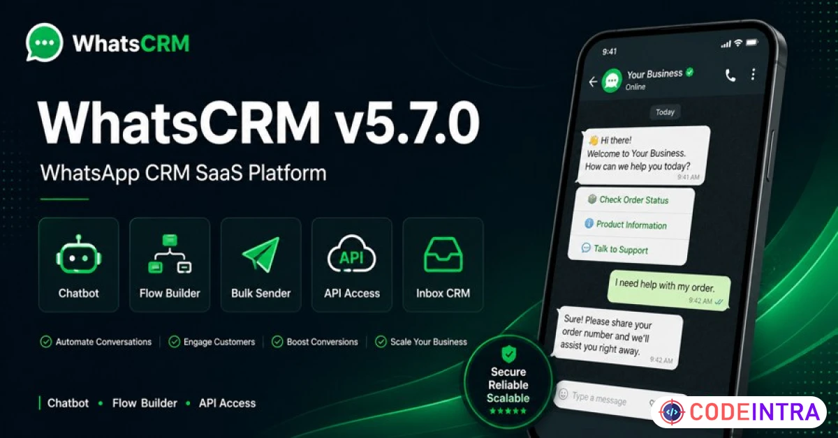 Product featured image WhatsCRM v5.7.0 - WhatsApp CRM SaaS with Chatbot & Flow Builder - Codeintra