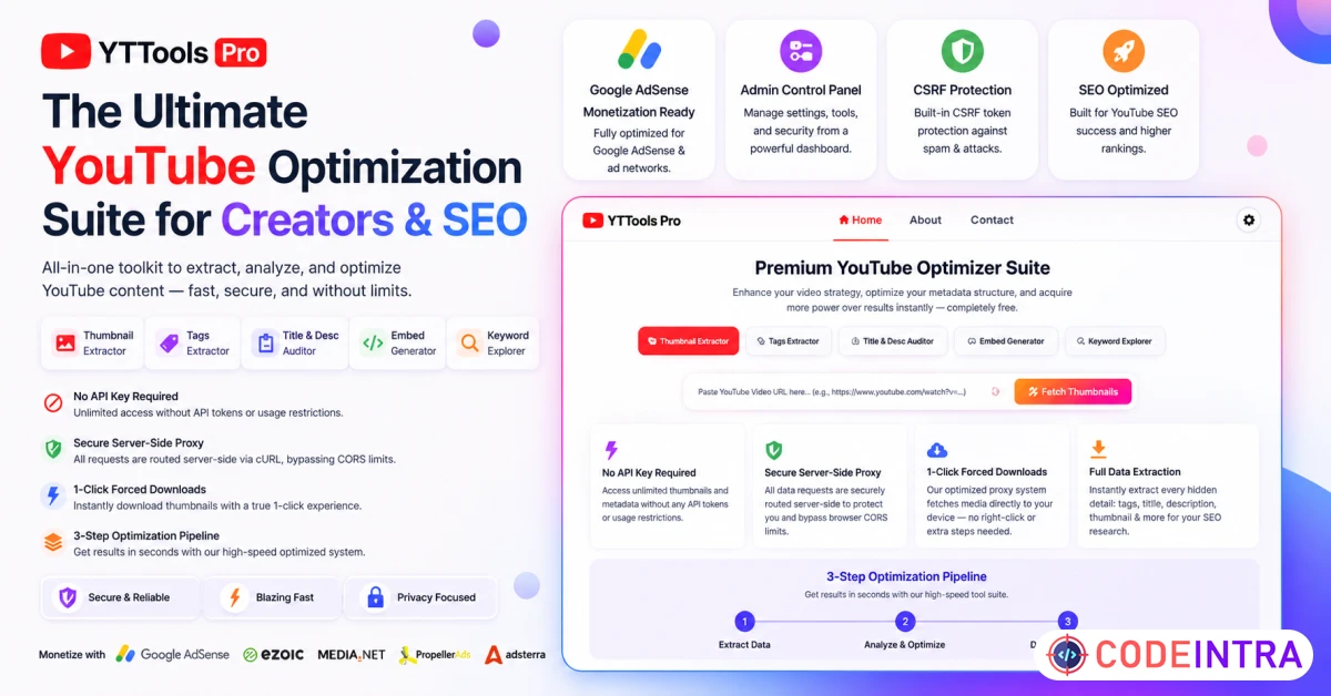Product featured image YouTags Pro - 5-in-1 Premium YouTube SEO Tools PHP - Codeintra