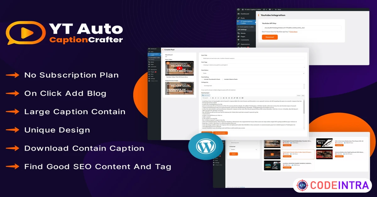 Product featured image YTCaptionCrafter Video Content Generator WP Plugin - Codeintra