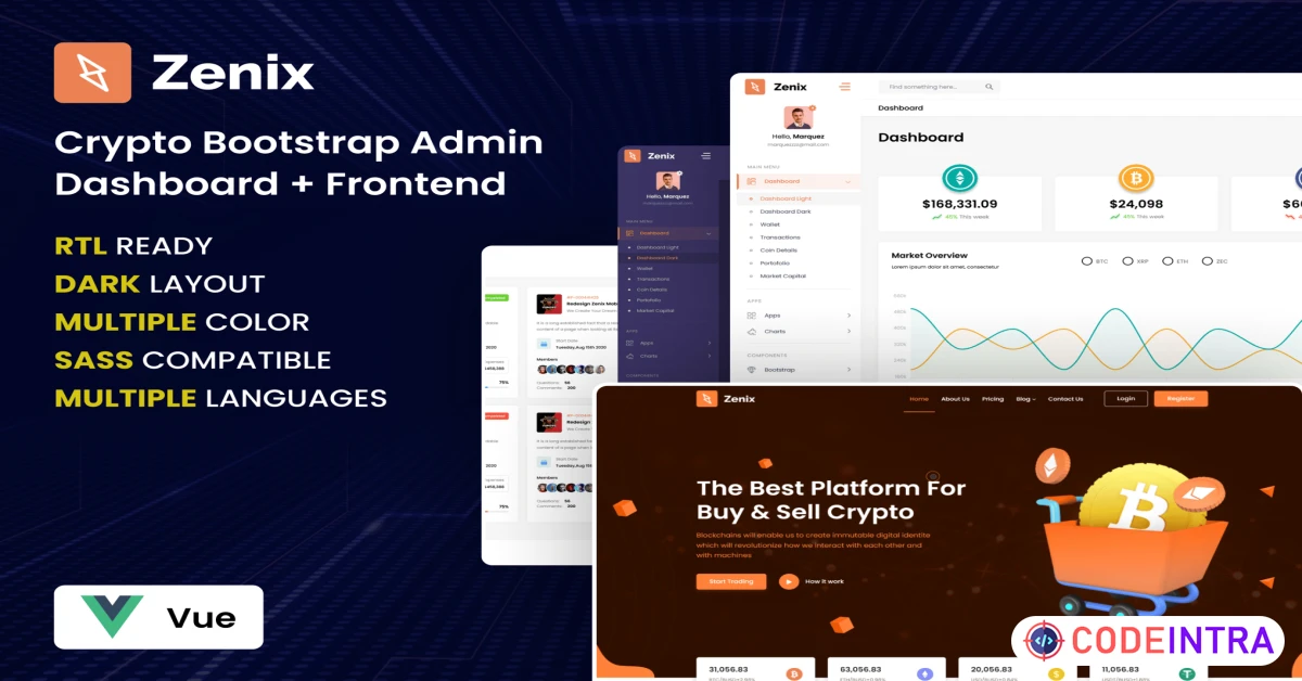Product featured image Zenix - Vue Crypto Admin Dashboard Template - Codeintra