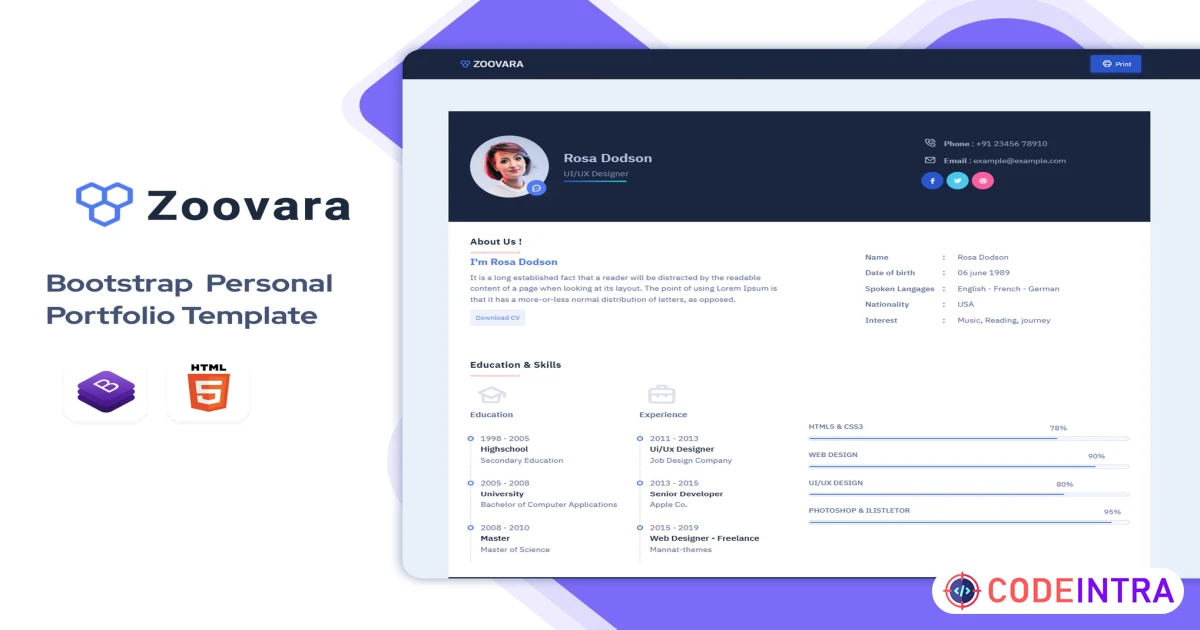Zoovara - Personal Portfolio Resume CV Template - Codeintra