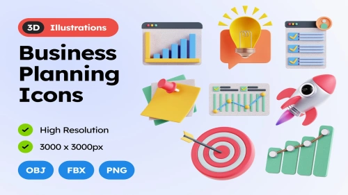 3D Business Planning Icons PNG OBJ FBX