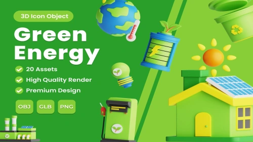 3d Green Energy Icon Pack in PNG, OBJ, GLB 3000px