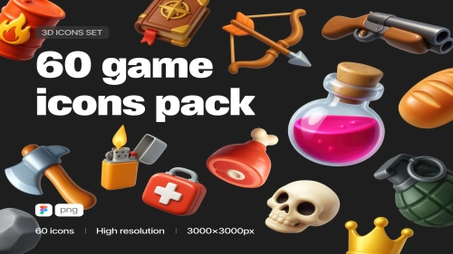 Game Assets | 60 3D Icons Set in PNG + Figma