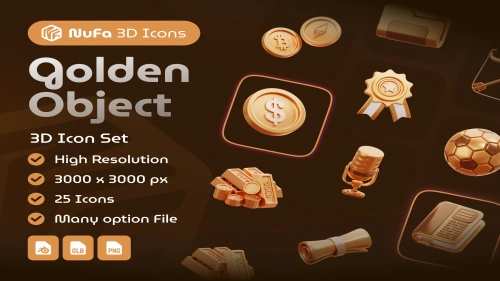 Golden Object 3D Icon Set in PNG and Blender