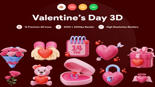 Valentines 3D Illustration Blend File + OBJ + FBX + PNG
