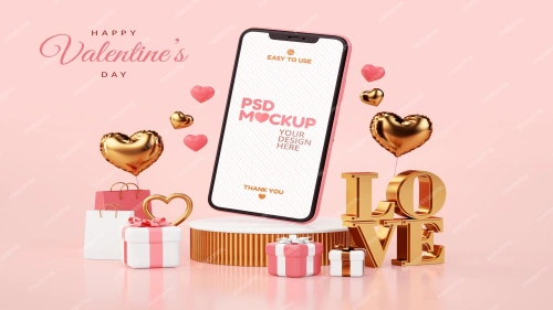 Valentines day phone screen mockup for card design or banner background in 3D