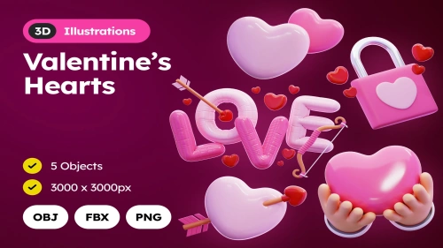 Valentine's Hearts 3D Illustration PNG OBJ FBX Free Download