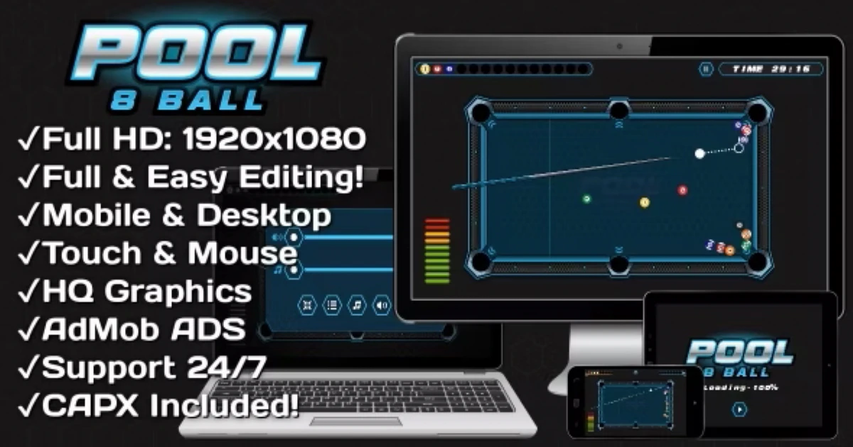 Premium Pool 8 Ball - HTML5 Game + Easy Mobile Version - Codeintra