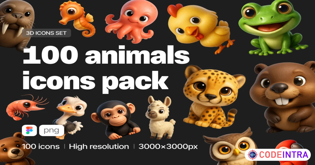 Animals | 100pcs 3D Icons - Figma Resources - Codeintra