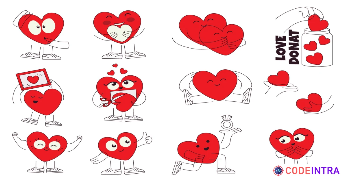 Cute Heart Characters Set in AI, EPS, JPG, PNG, PDF, SVG - Codeintra