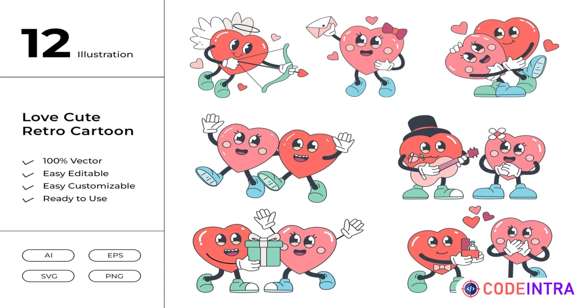 Cute Love Retro Cartoon in AI, EPS, PNG, SVG - Codeintra