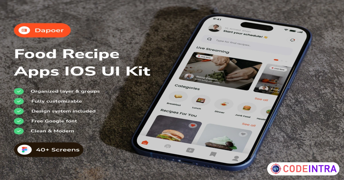 Dapoer - Food Recipe  App IOS UI Kits - Figma Resources - Codeintra