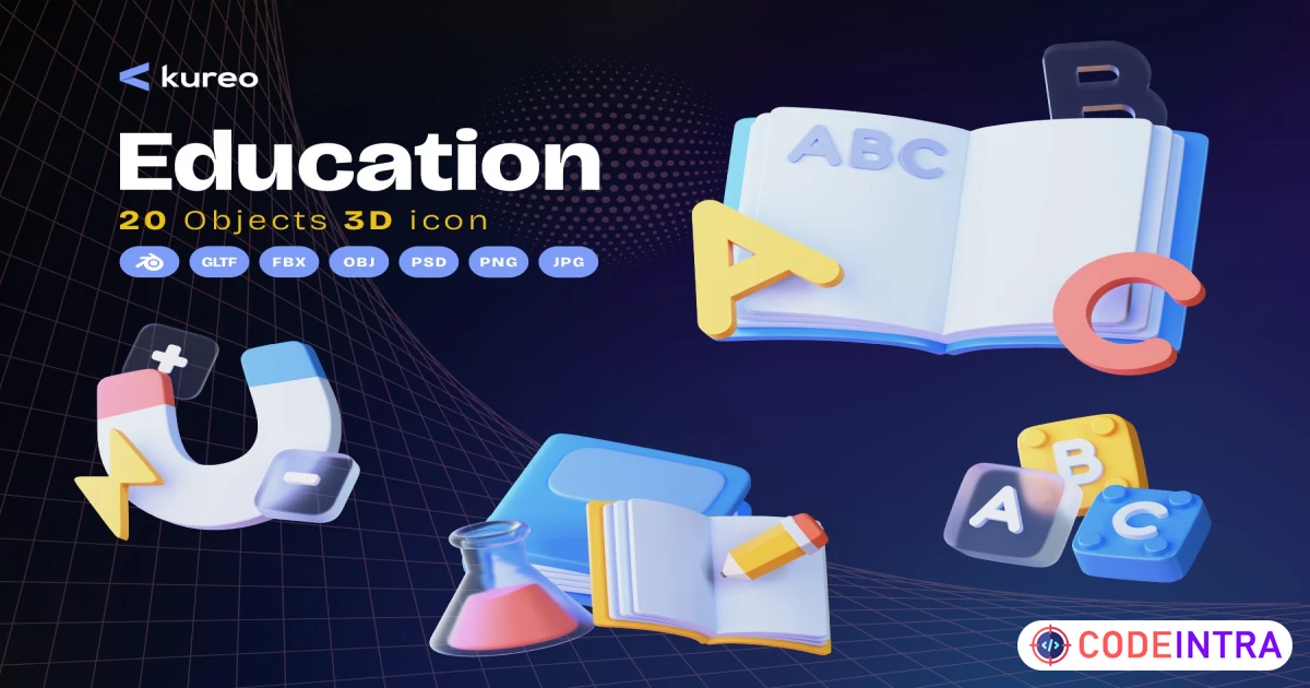 Education 3D BLEND, GLTF, FBX, OBJ, PSD, PNG & JPG 20 Icons Set - Codeintra