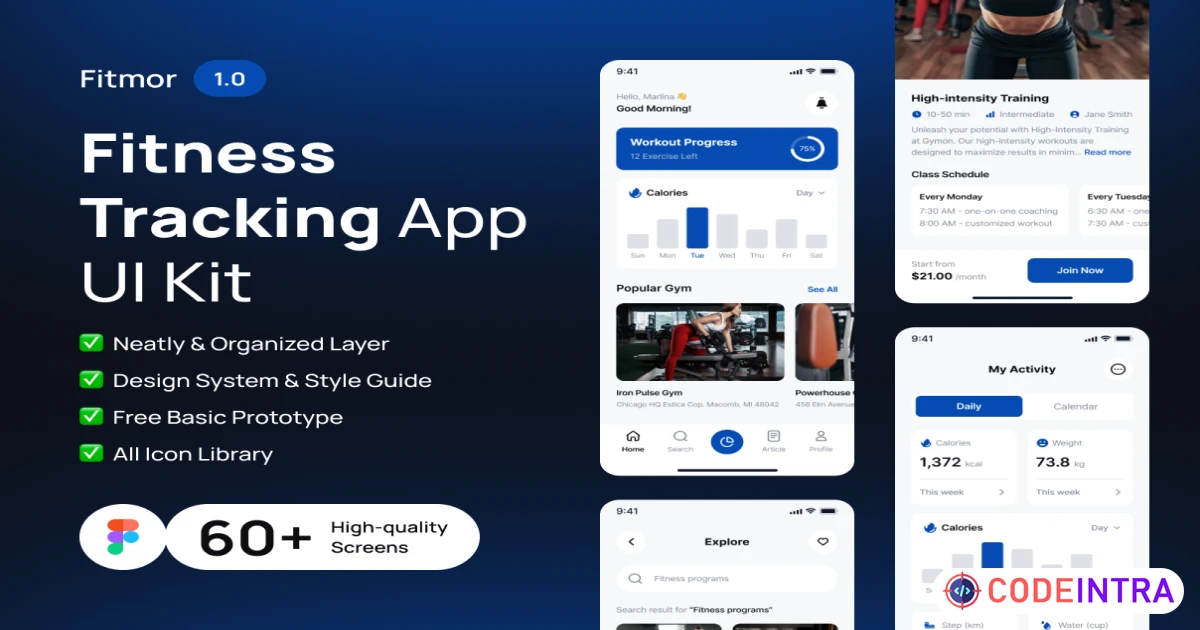 Fitmor - Gym & Fitness Tracking App UI Kit - Figma Resources - Codeintra
