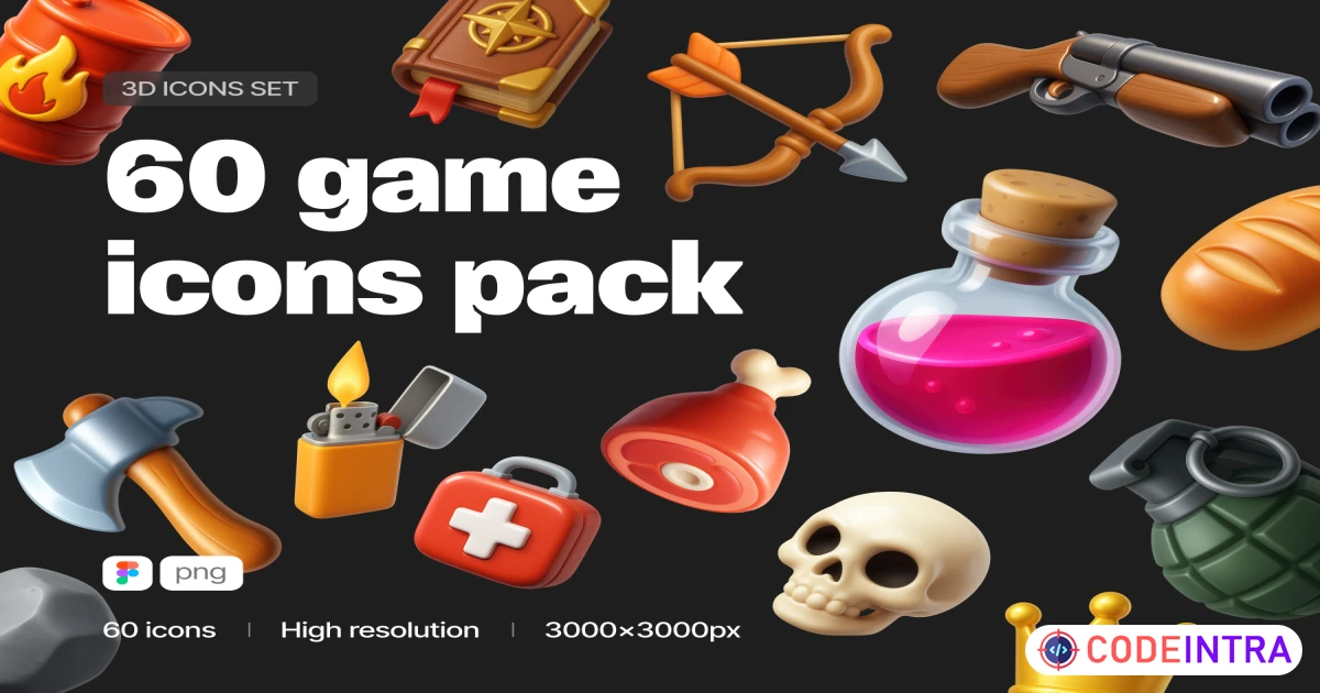 Game Assets | 60 3D Icons Set in PNG + Figma - Codeintra