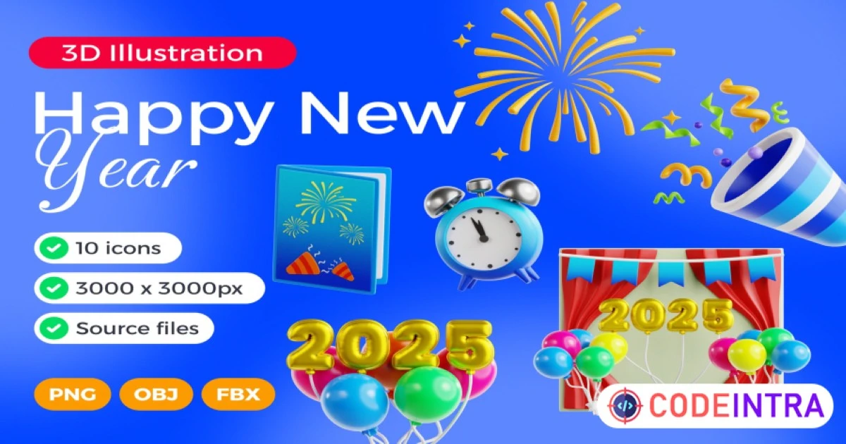 Happy New Year 3D Icon Set PSD PNG - Codeintra
