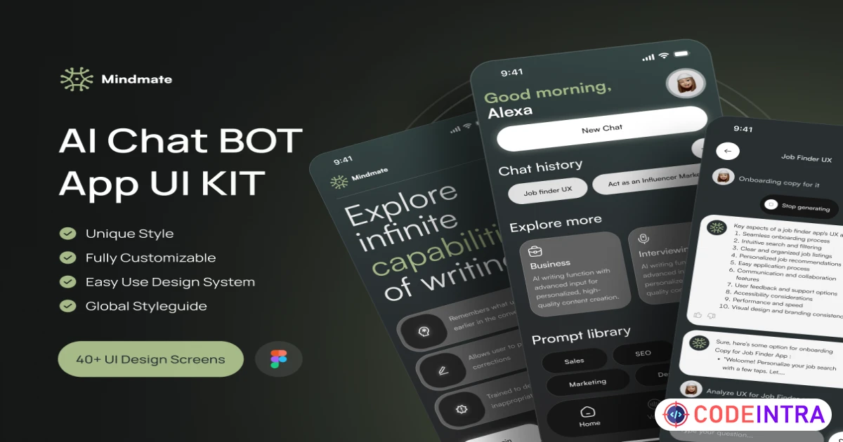Mindmate - AI Chat BOT App UI KIT - Figma Resources - Codeintra