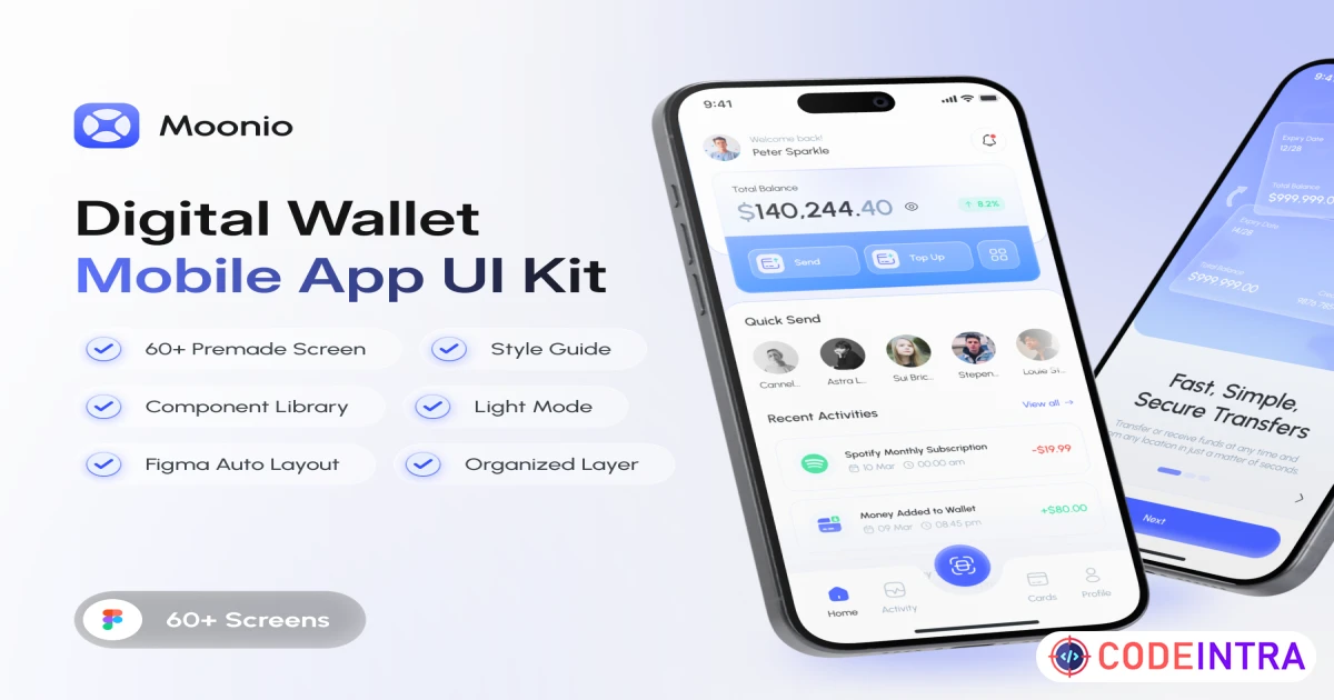Moonio - Digital Wallet Mobile App UI Kit - Figma Resources - Codeintra