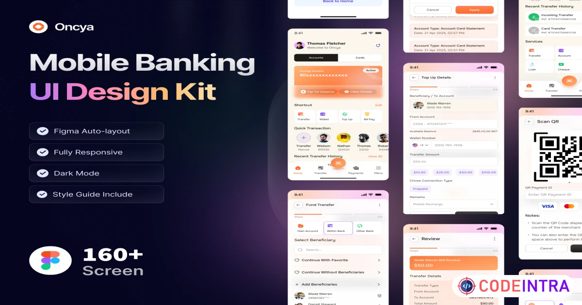 Oncya – Mobile Banking App UI Design Kit - Codeintra