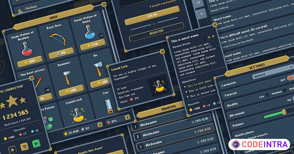 Pixel Art Full GUI / UI Kit + 151 icons! | 2D GUI - Codeintra