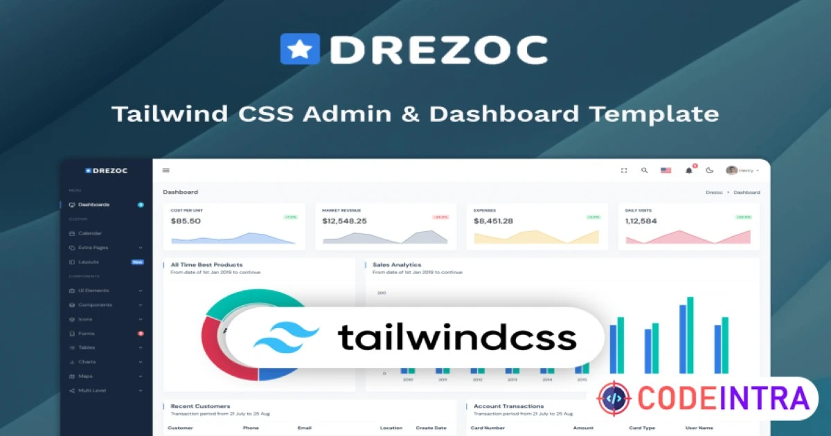 Tailwind CSS Admin & Dashboard Template - Drezoc - Codeintra