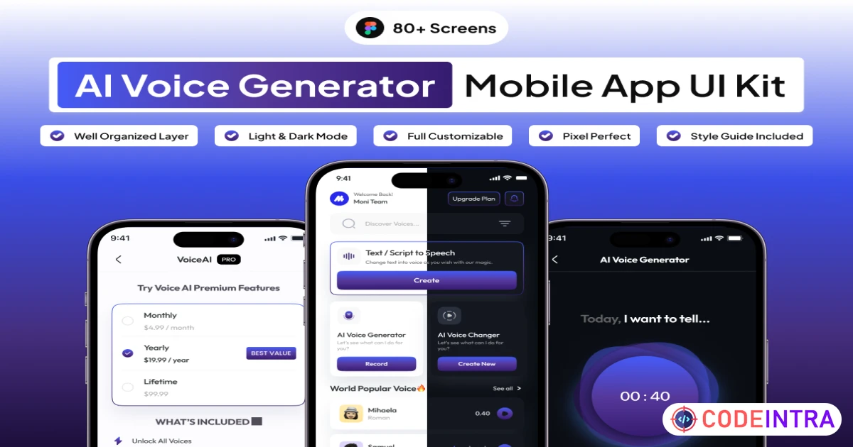VoiceQu - AI Voice Generator Mobile App UI Kit - Figma Resources - Codeintra