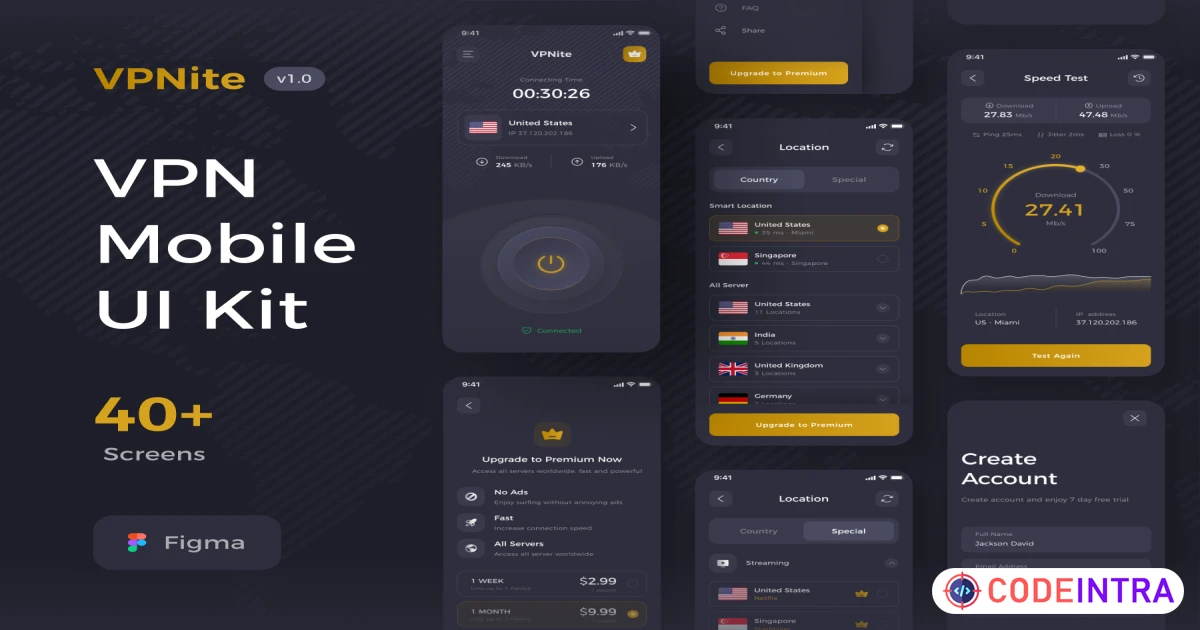 VPN Mobile UI Kit - Figma Resources - Codeintra