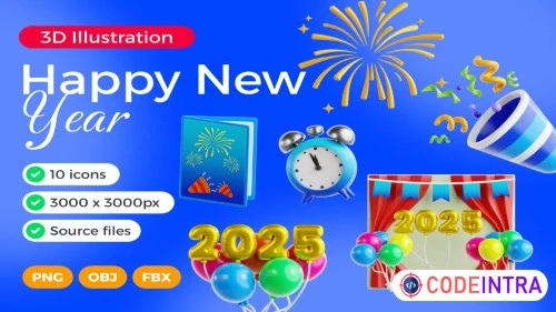 Happy New Year 3D Icon Set PSD PNG