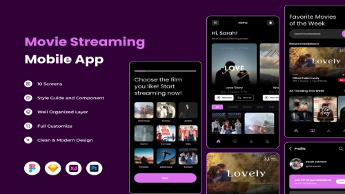Movio - Streaming Mobile App in FIG, PSD, SKETCH, XD